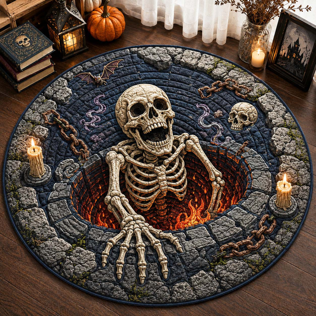 Graveyard Bone Pit Quilted Round Mat Skeleton Halloween Doormat Gift For Boyfriend
