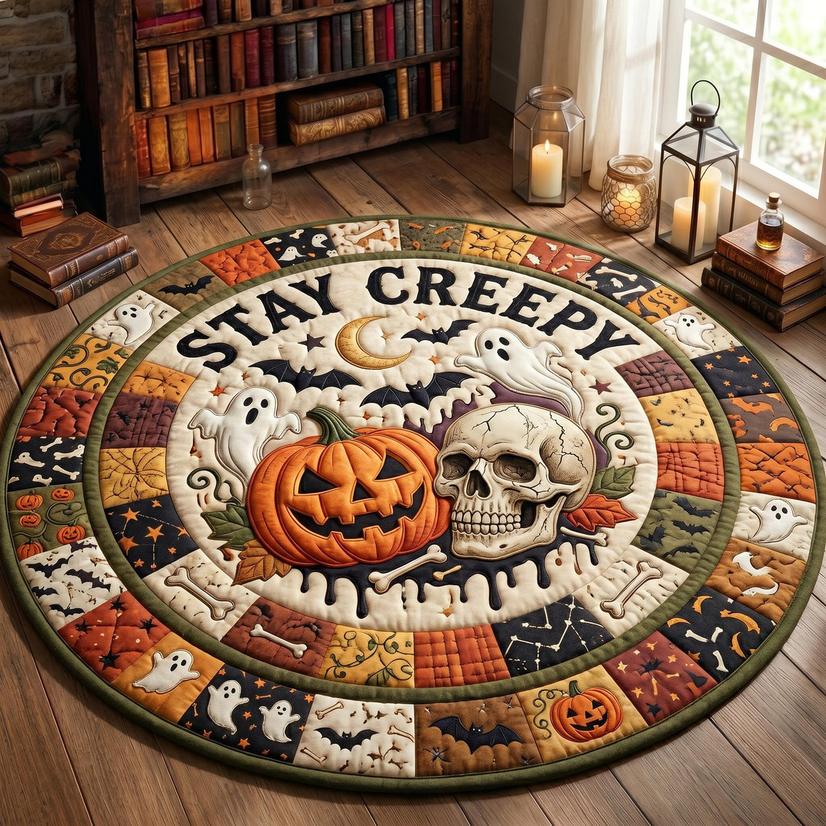 Stay Creepy Quilted Round Mat Shabby Chic Pumpkin Skull Flying Round Rug Gift Idea