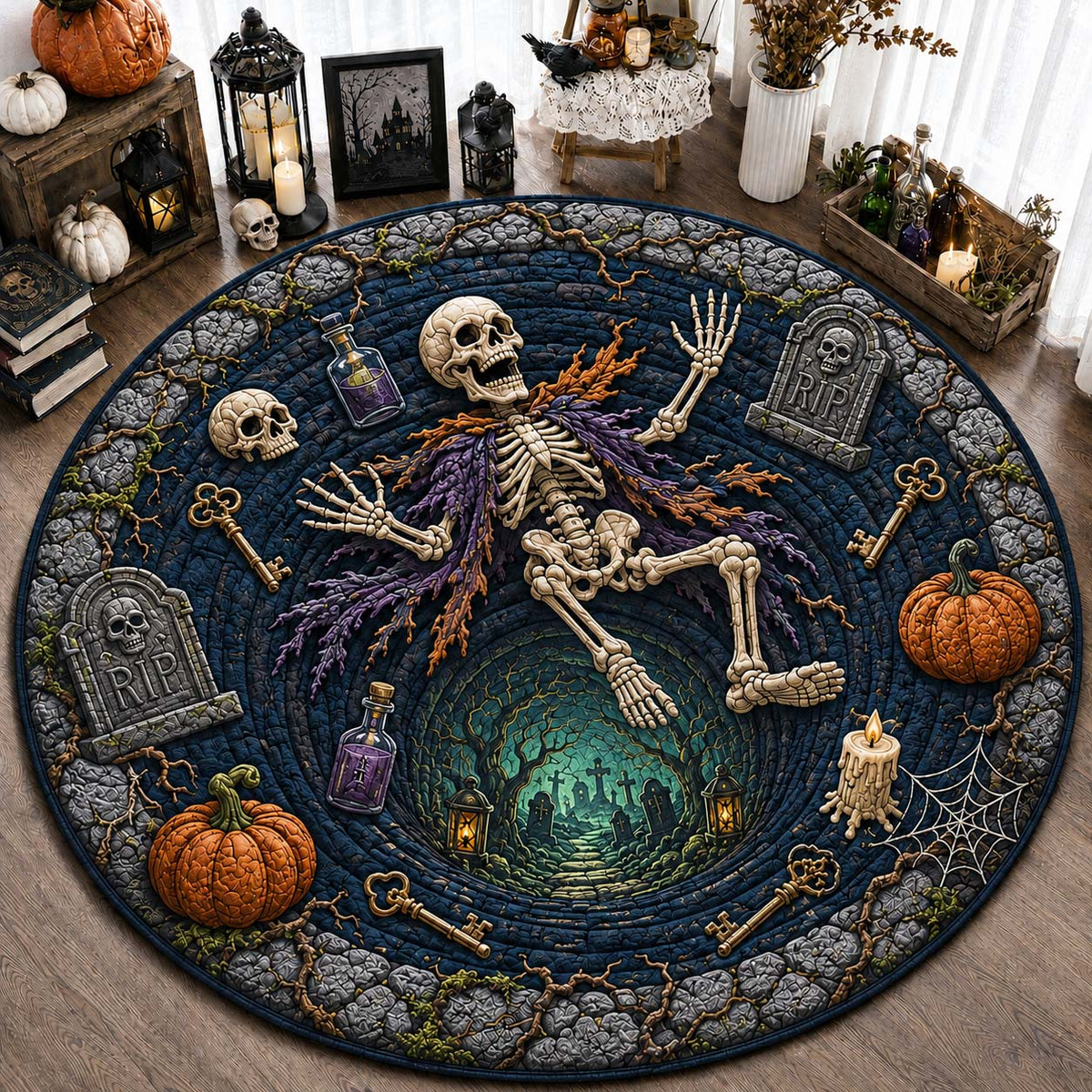 Haunted Skeleton Vortex Quilted Round Mat Gothic Spooky Halloween Floor Mat Gift Idea