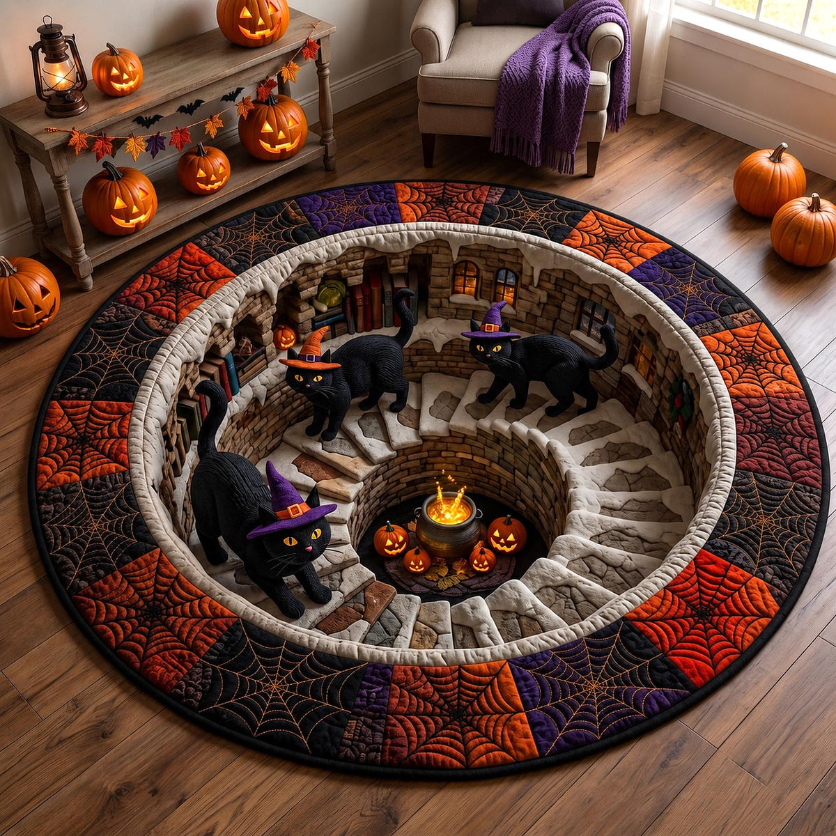 Midnight Black Cat Quilted Round Mat Gothic Cat Lover Doormat Halloween Gifts For Her
