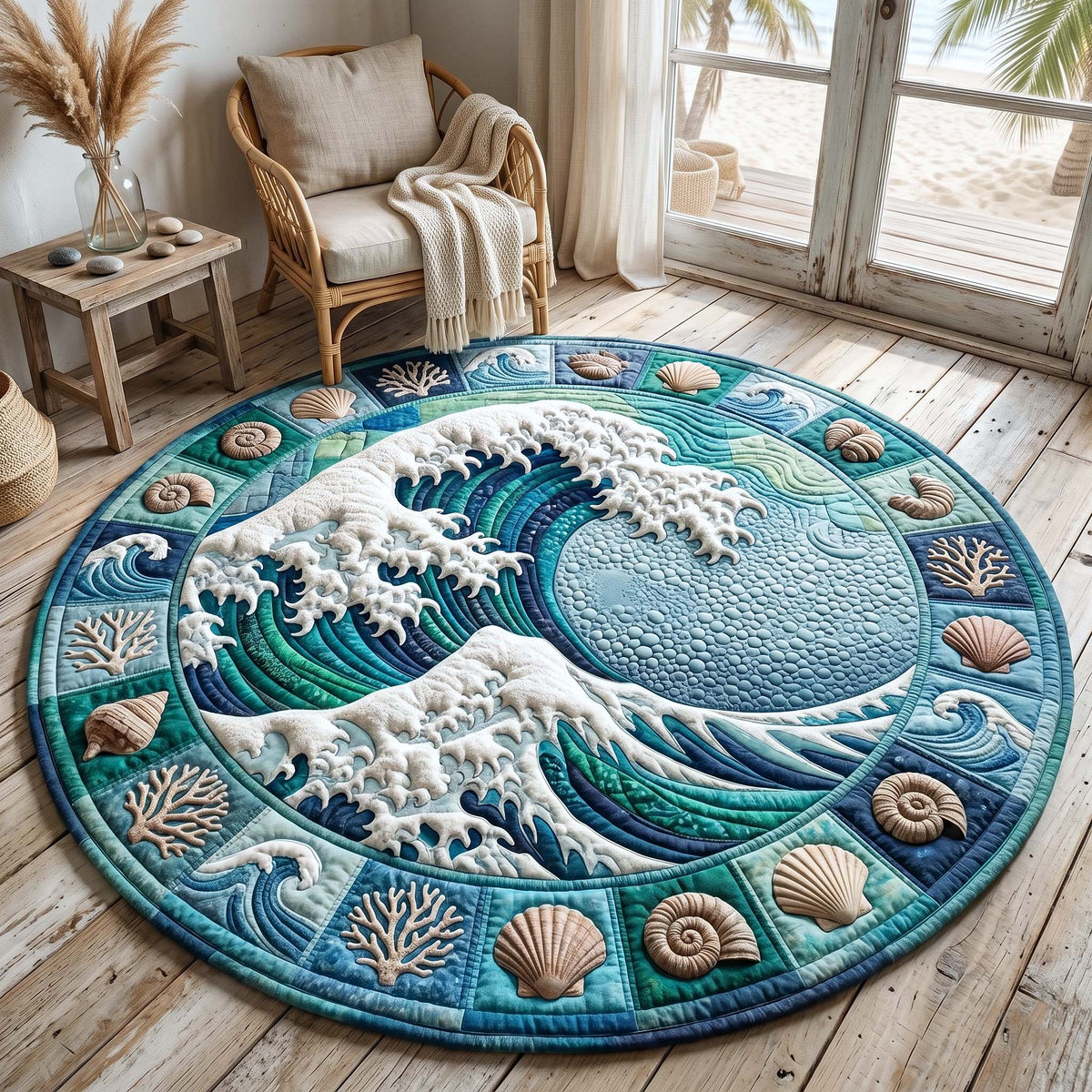 Coastal Whisper Quilted Round Mat The Great Wave Round Rug Gift For Him