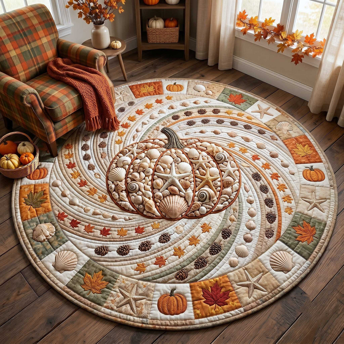 Coastal Pumpkin Quilted Round Mat Autumn Beach House Doormat Halloween Gift