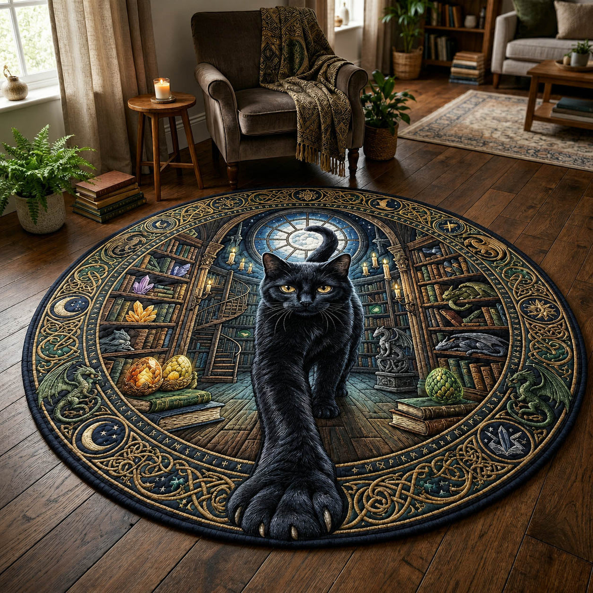 Magical Black Cat Quilted Round Mat Halloween Witchy Mystical Floor Mat Halloween Gift