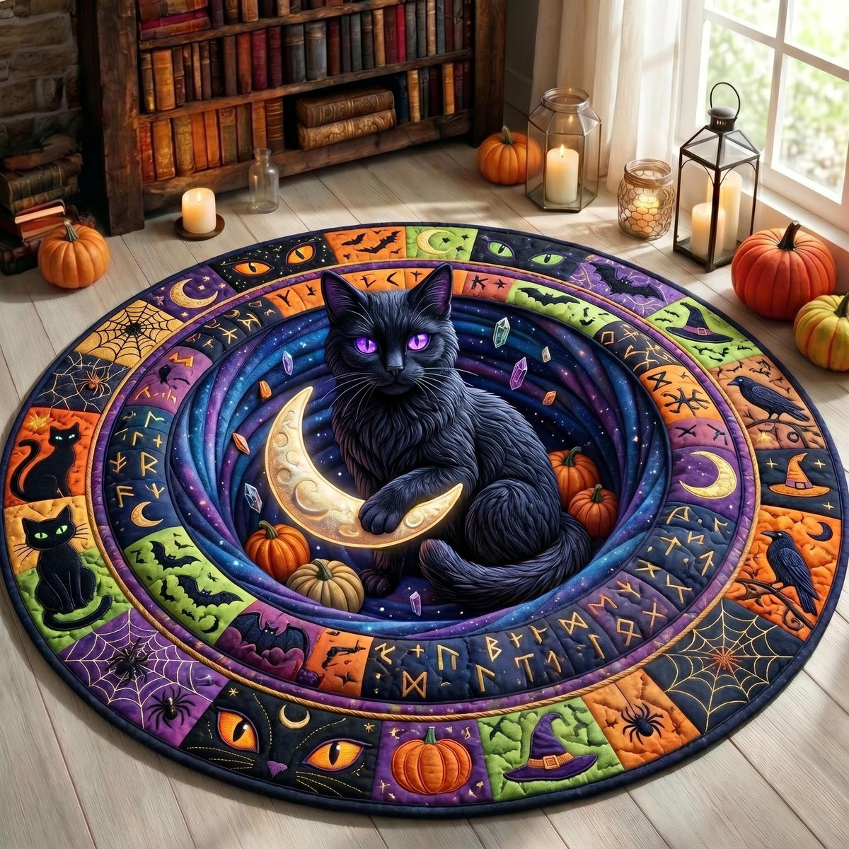 Black Cat Quilted Round Mat Pumpkin Jack O Lantern Doormat Halloween Gift