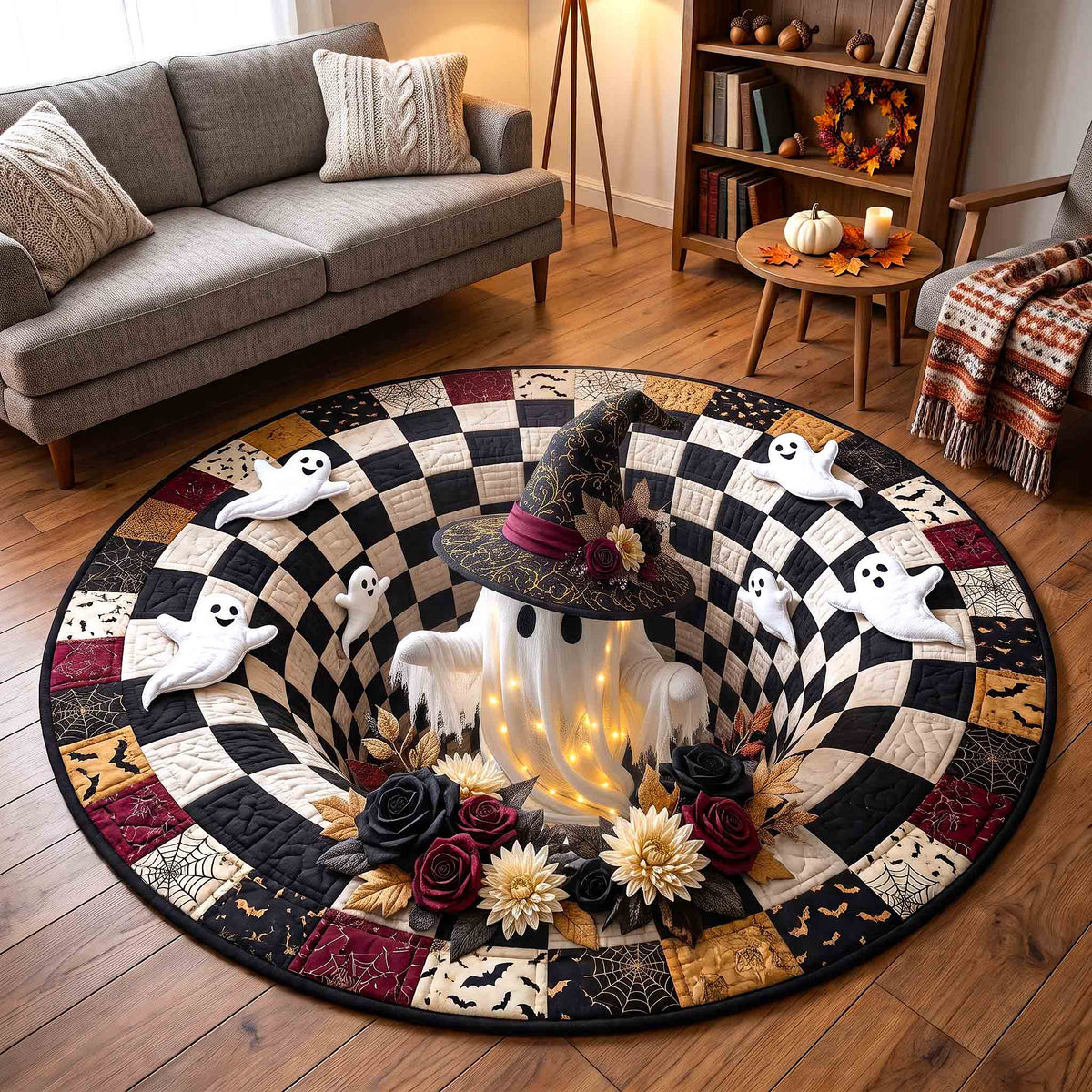 Haunted Ghost Quilted Round Mat Glowing Ghost Halloween Round Rug Haunted House Decor
