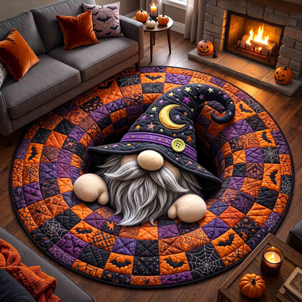 Gnome Halloween Magic Quilted Round Mat Cute Gothic Living Room Decor Gift Idea