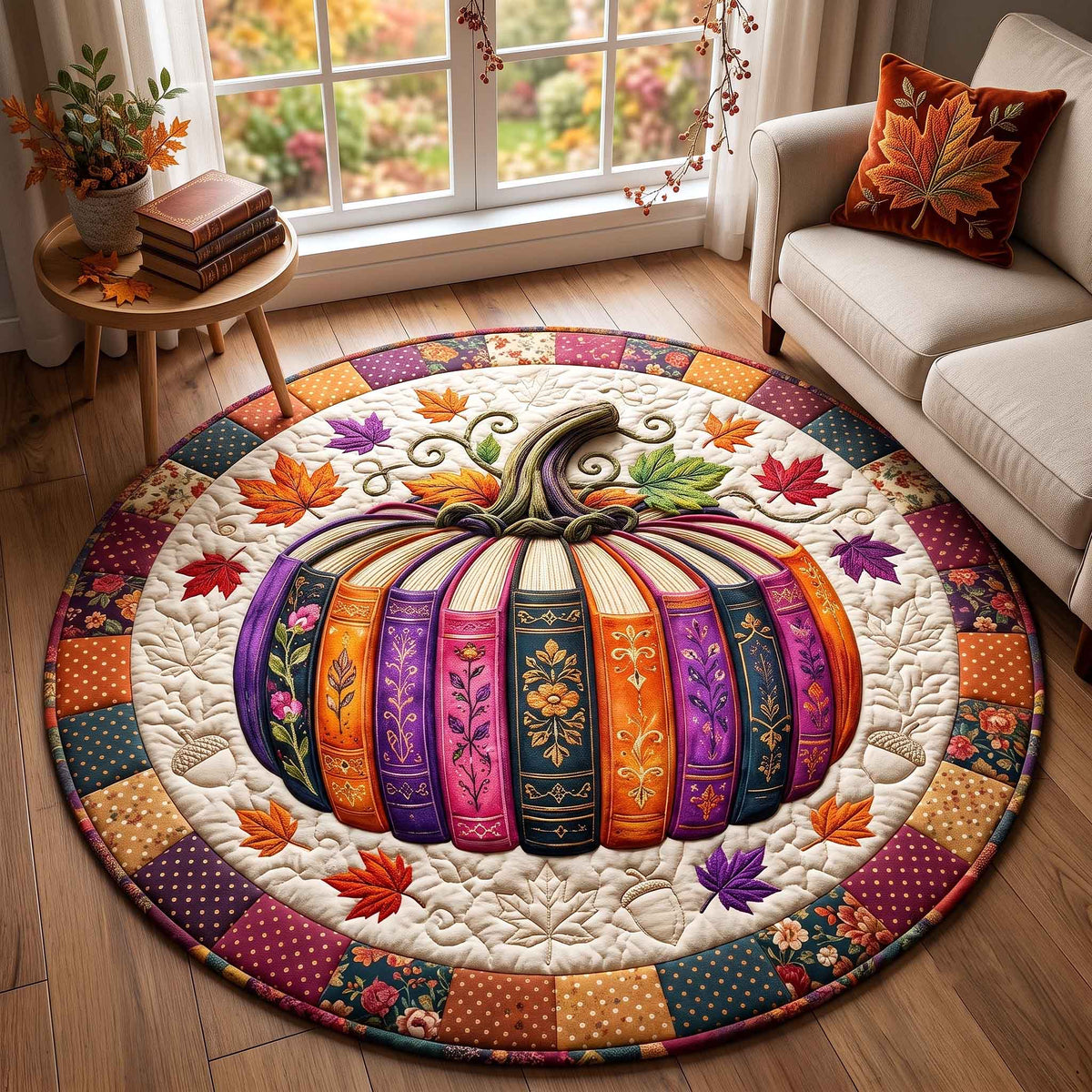 Autumn Chapters Quilted Round Mat Halloween Pumpkin Round Rug Halloween Presents