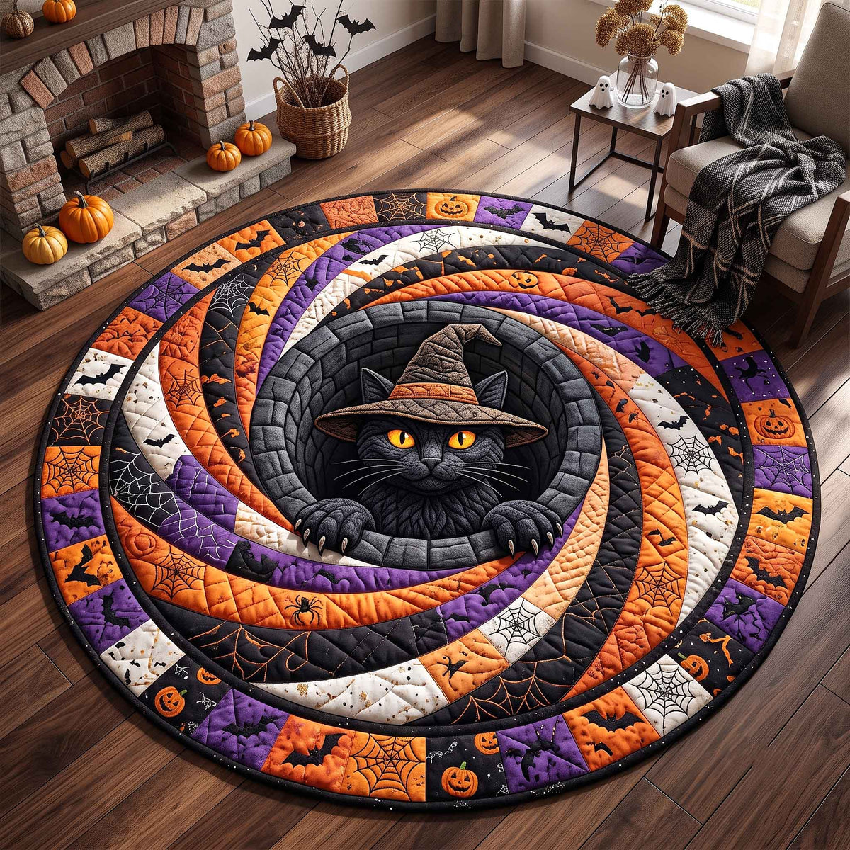 Midnight Black Cat Quilted Round Mat Cute Gothic Room Decor Halloween Inspired Gifts