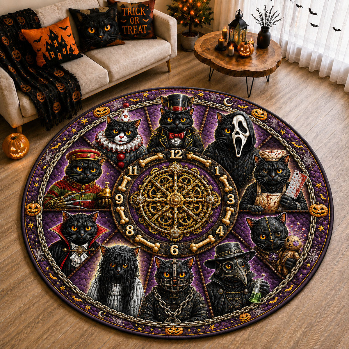 Midnight Cat Horror Clock Quilted Round Mat Gothic Witchcraft Ritual Floor Mat Gift Idea
