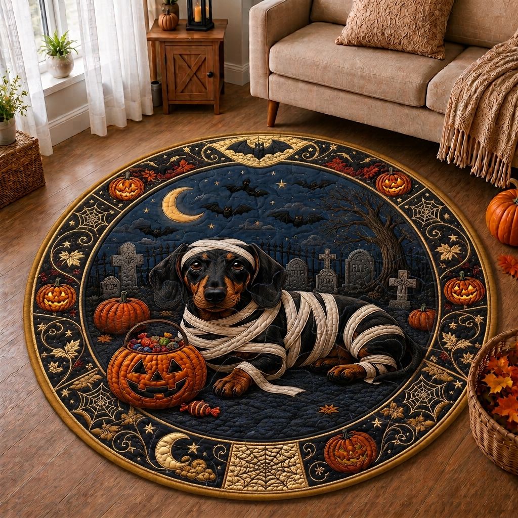 Dachshund Fright Quilted Round Mat Mummy Dachshund Halloween Doormat Friend Gift