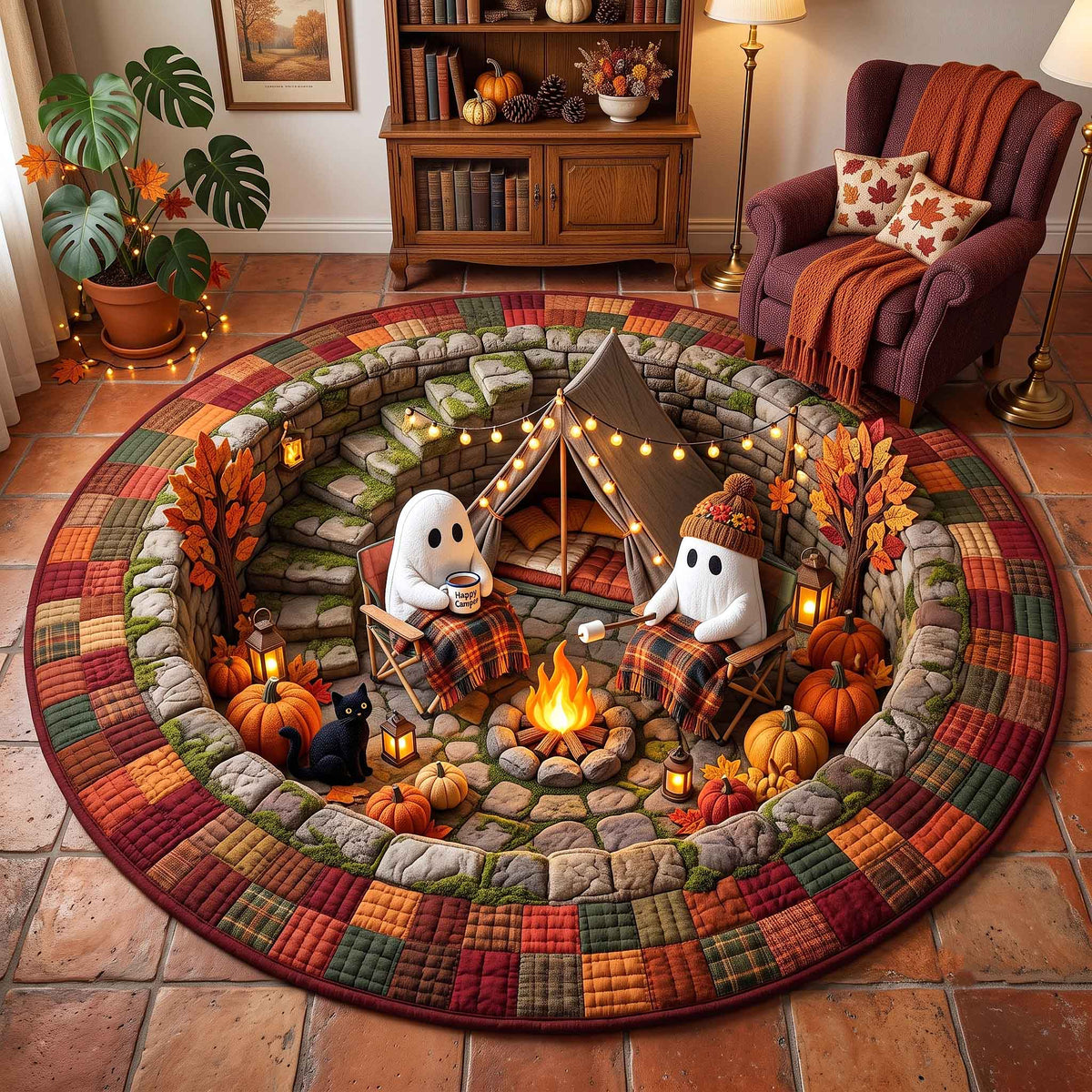 Autumn Boo Quilted Round Mat Halloween Ghost Round Rug Gifts For Toddlers