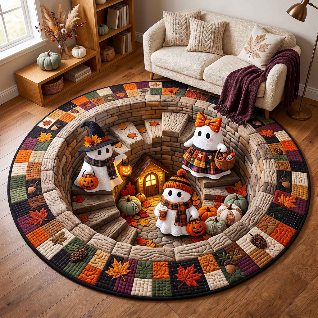 Autumn Boo Quilted Round Mat Halloween Ghost Round Rug Halloween Presents