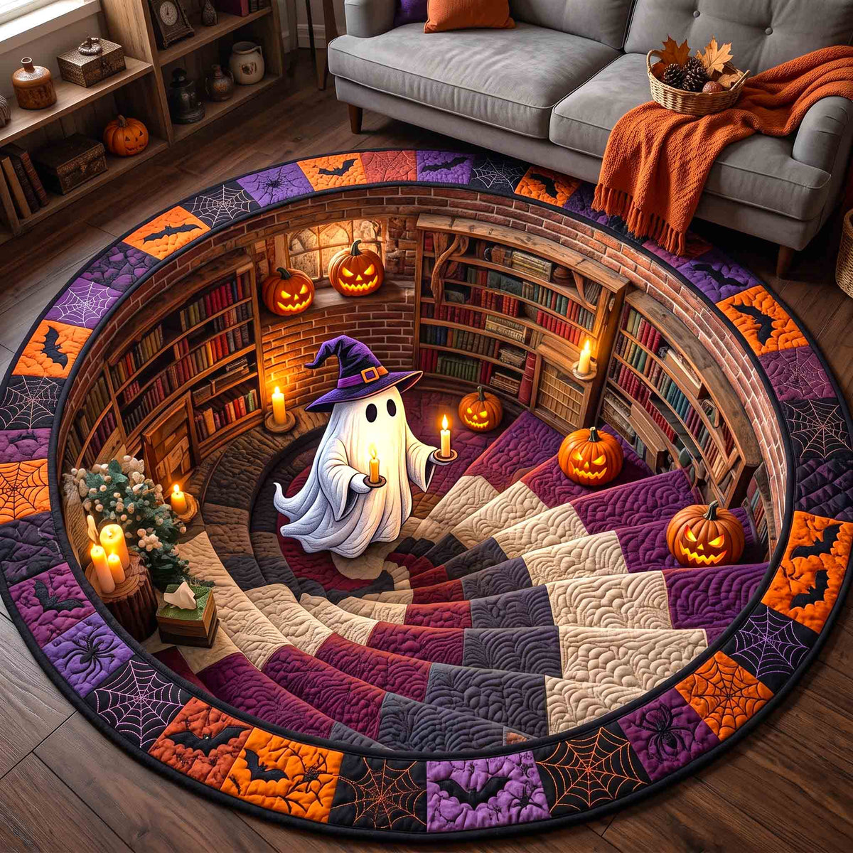 Haunted Ghost Quilted Round Mat Ghost Castle Stairs Halloween Round Rug Haunted House Decor