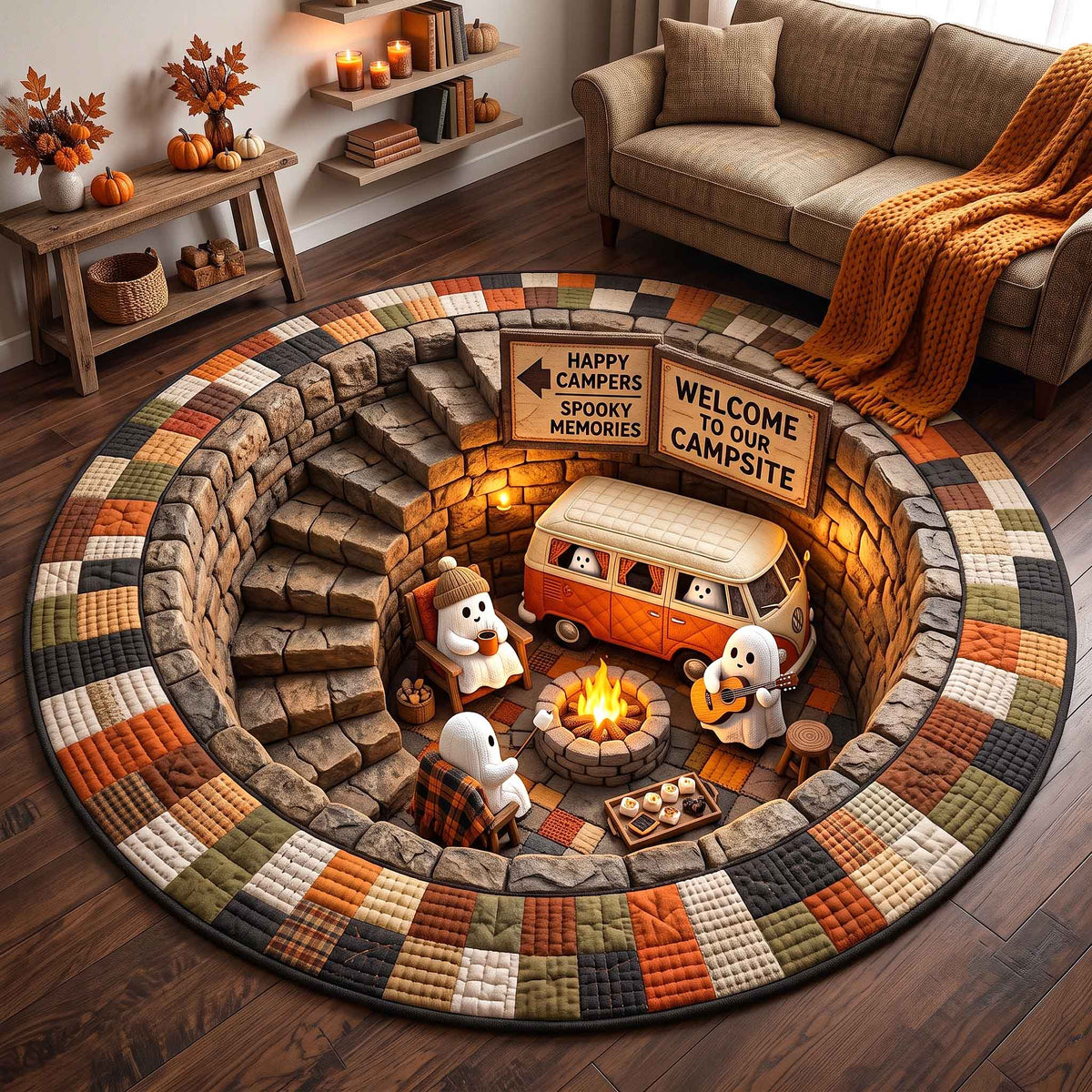 Autumn Boo Quilted Round Mat Halloween Horror Nights  Doormat Halloween Gift