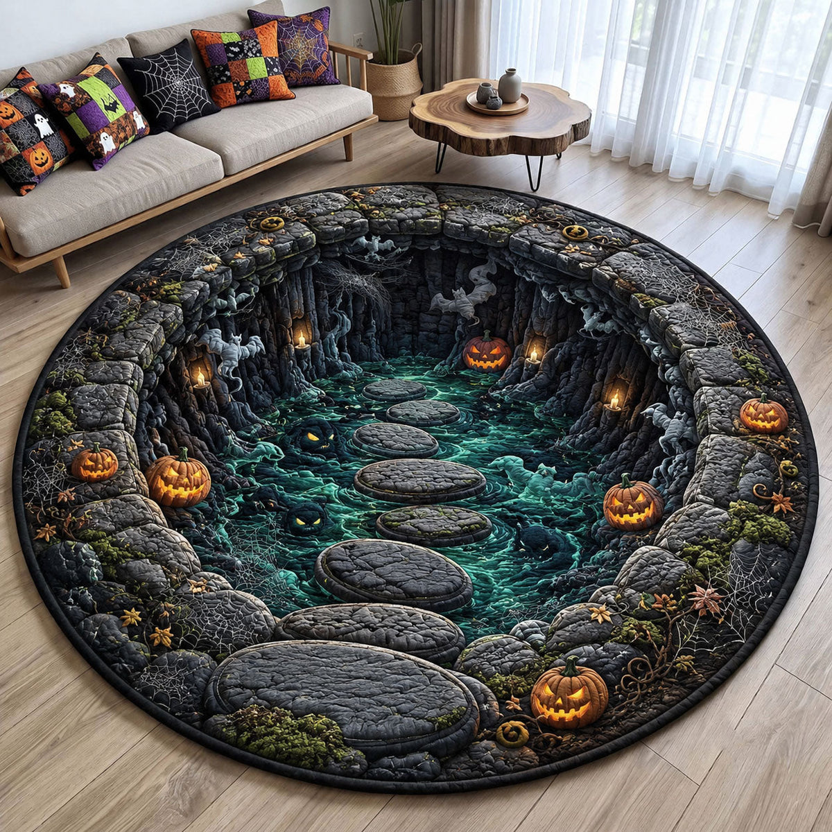 Haunted Pumpkin Cavern Stepping Stones Quilted Round Mat Haunted House Decor Gift For Halloween_