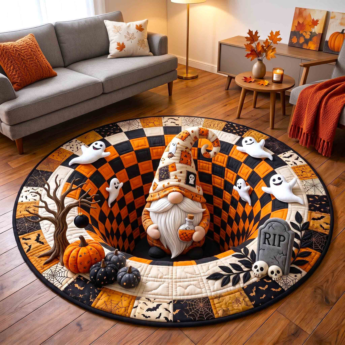 Gnome Halloween Magic Quilted Round Mat Halloween Gnome Round Rug Gifts For Teens