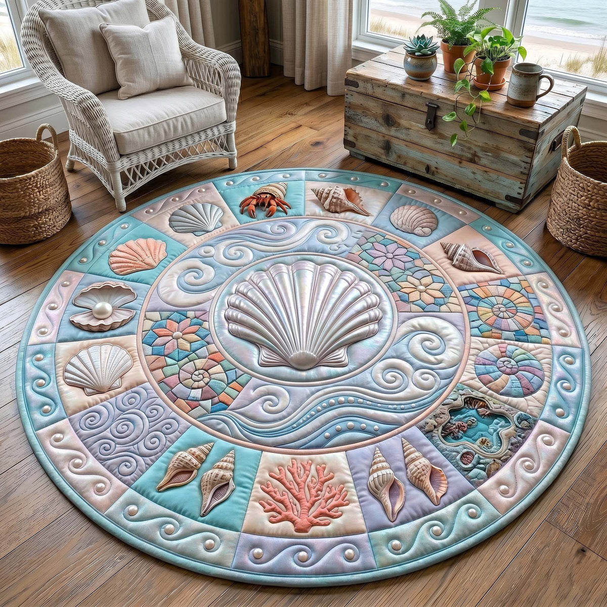 Coastal Whisper Quilted Round Mat  Coral Reef Sea Wave Floor Mat Gift For Her