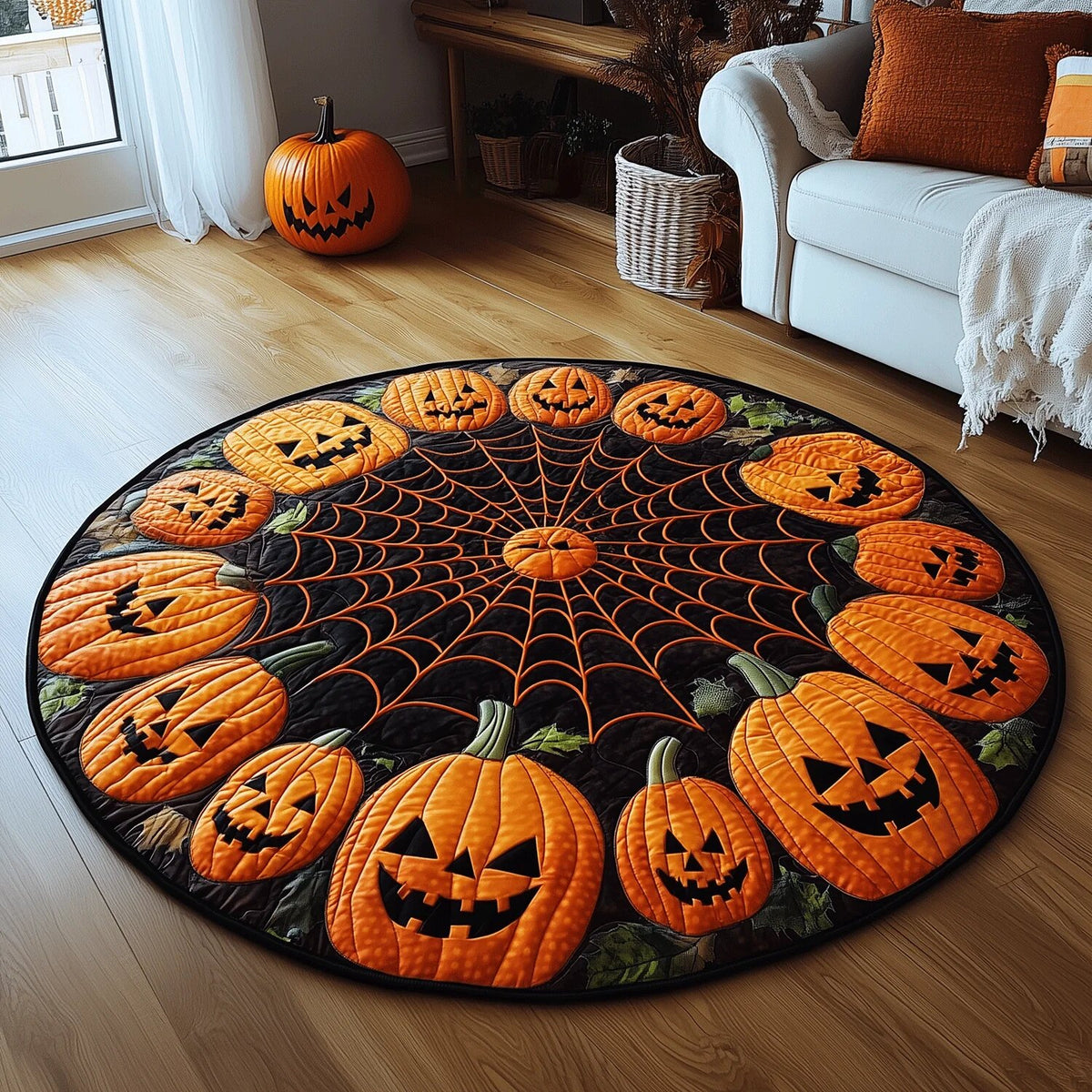 Halloween Pumpkin Quilted Round Mat Pumpkin Reaper Rug Halloween Gifts Idea