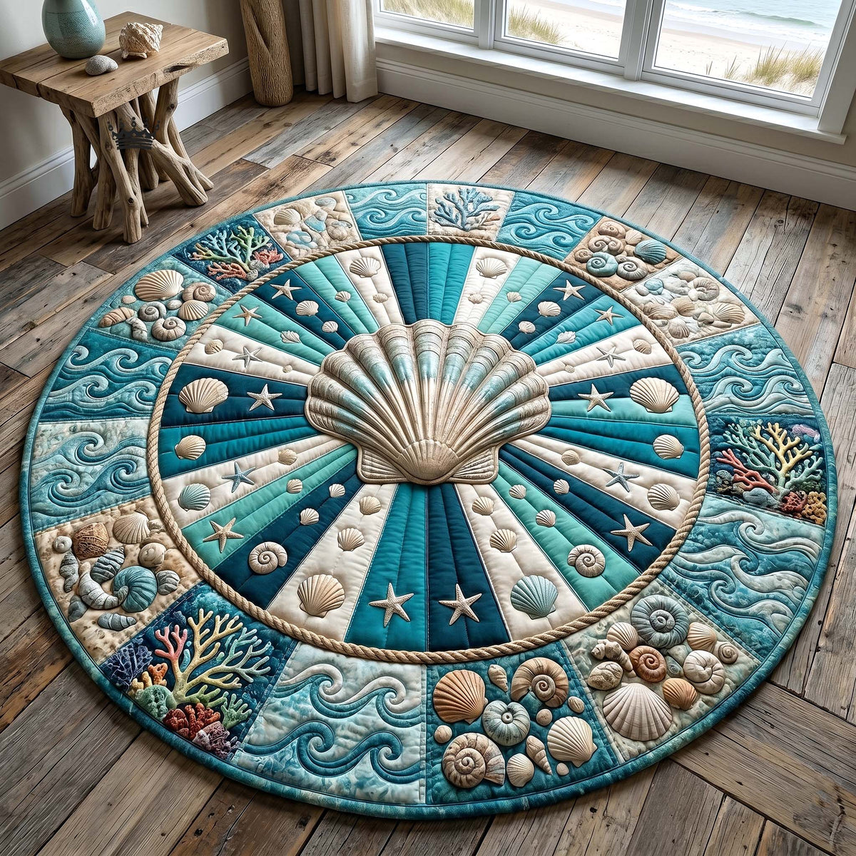 Coastal Whisper Quilted Round Mat Seashell Coastal Round Rug Nautical Theme Gift