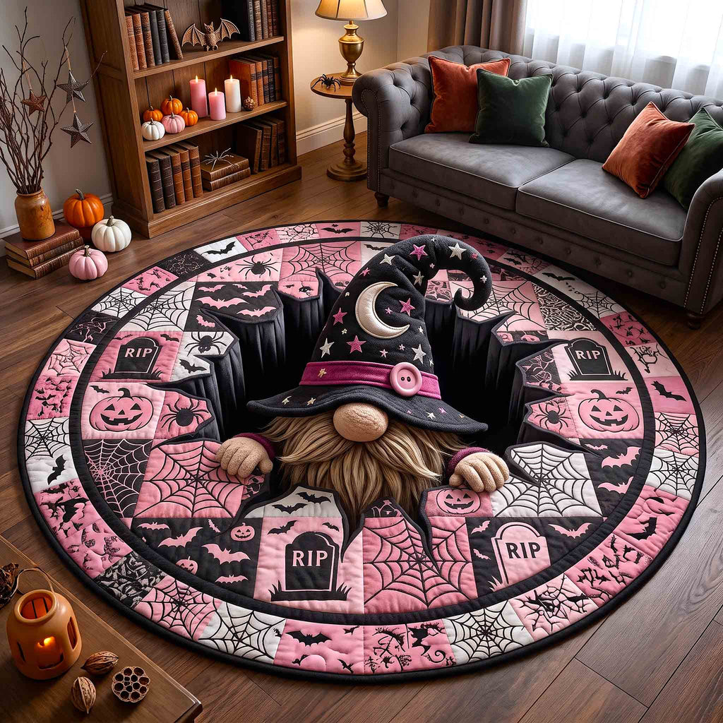 Gnome Halloween Magic Quilted Round Mat Whimsical Haunted House Decor Halloween Gift