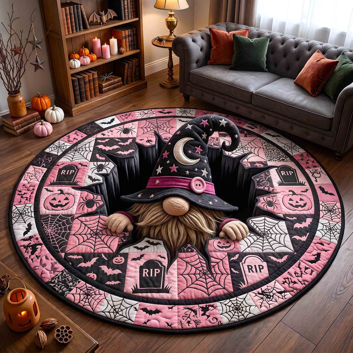 Gnome Halloween Magic Quilted Round Mat Whimsical Haunted House Decor Halloween Gift