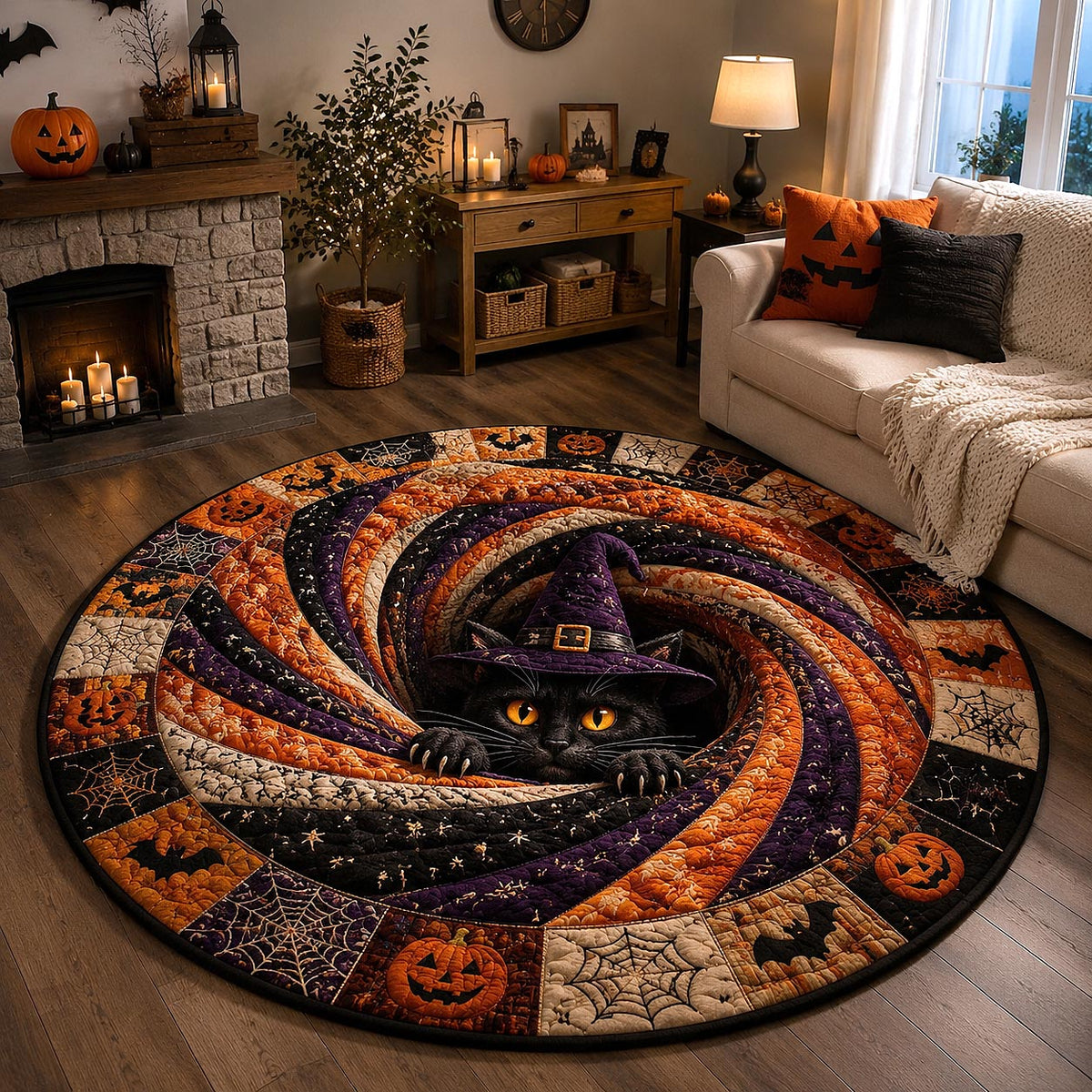 Midnight Black Cat Quilted Round Mat Spooky Pumpkin Floor Mat Halloween Gift Idea