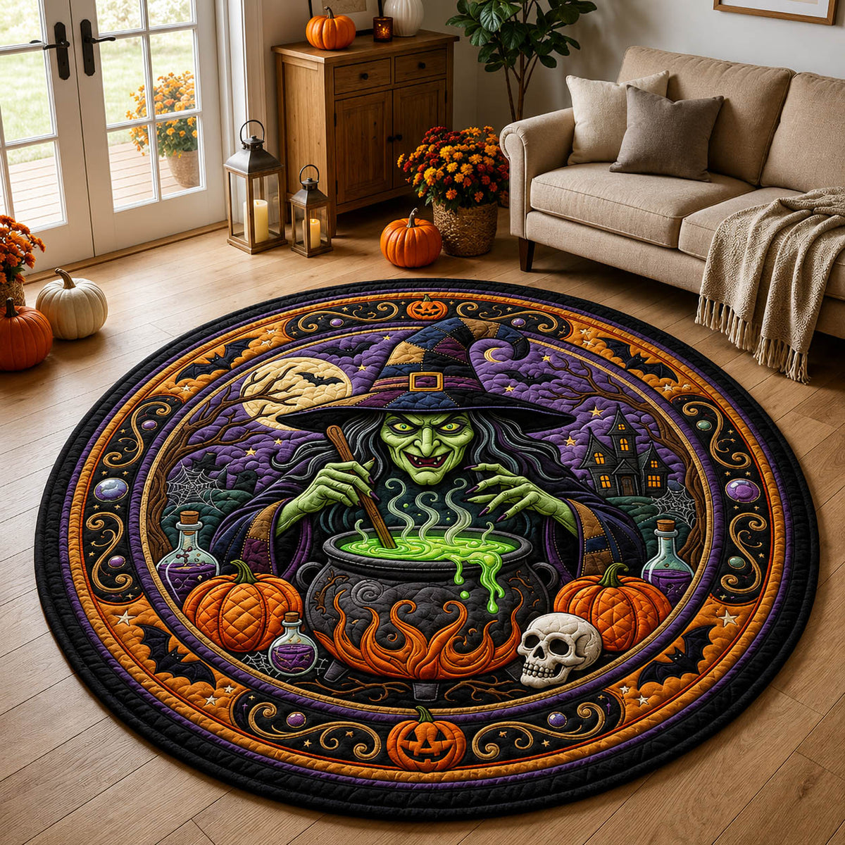 Magic Witch Quilted Round Mat Pumpkin Jack O Lantern Floor Mat Halloween Gifts For Teens