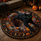 Black Cat Vortex Quilted Round Mat Spooky Potion Magic Spell Floor Mat Cat Lover Gift