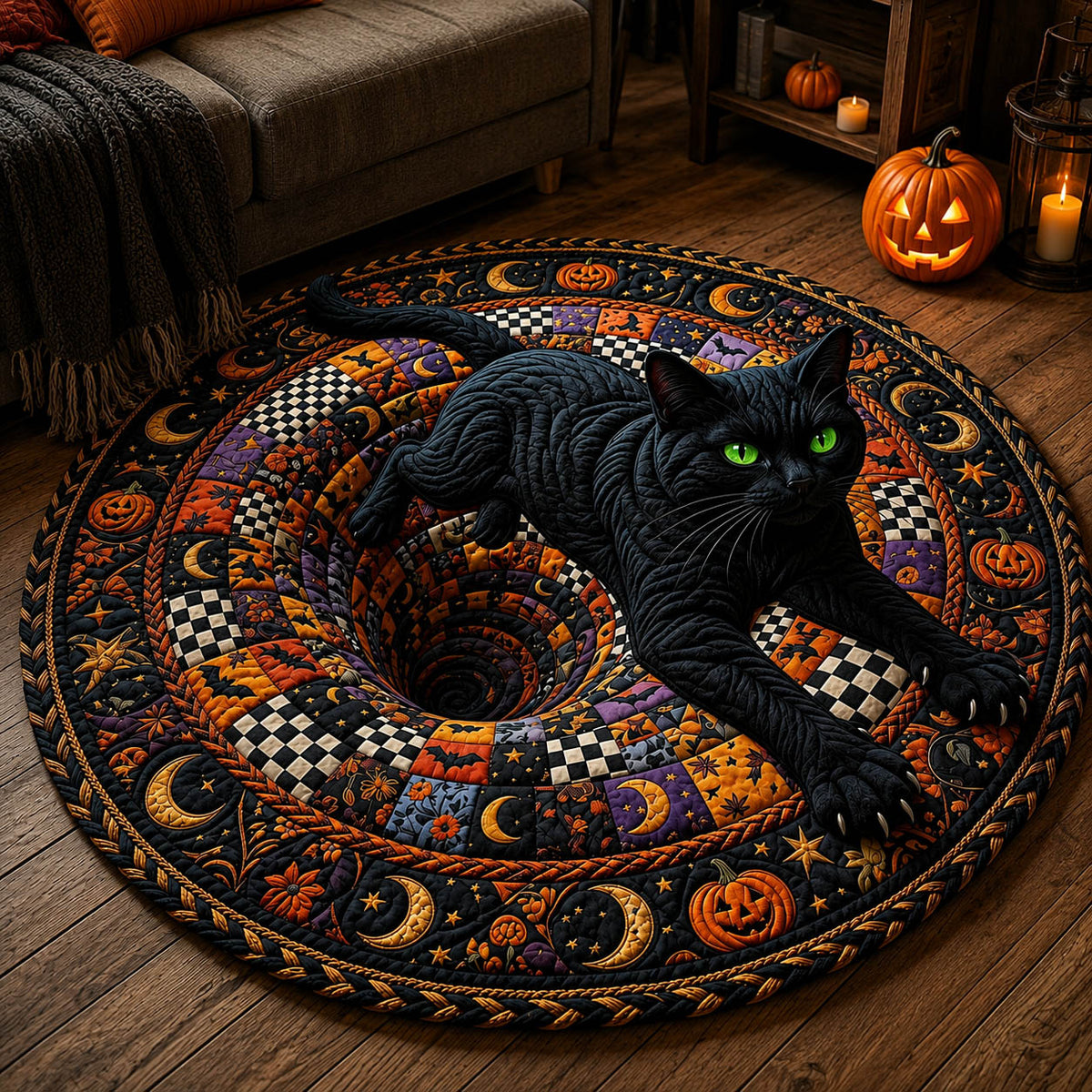 Black Cat Vortex Quilted Round Mat Spooky Potion Magic Spell Floor Mat Cat Lover Gift