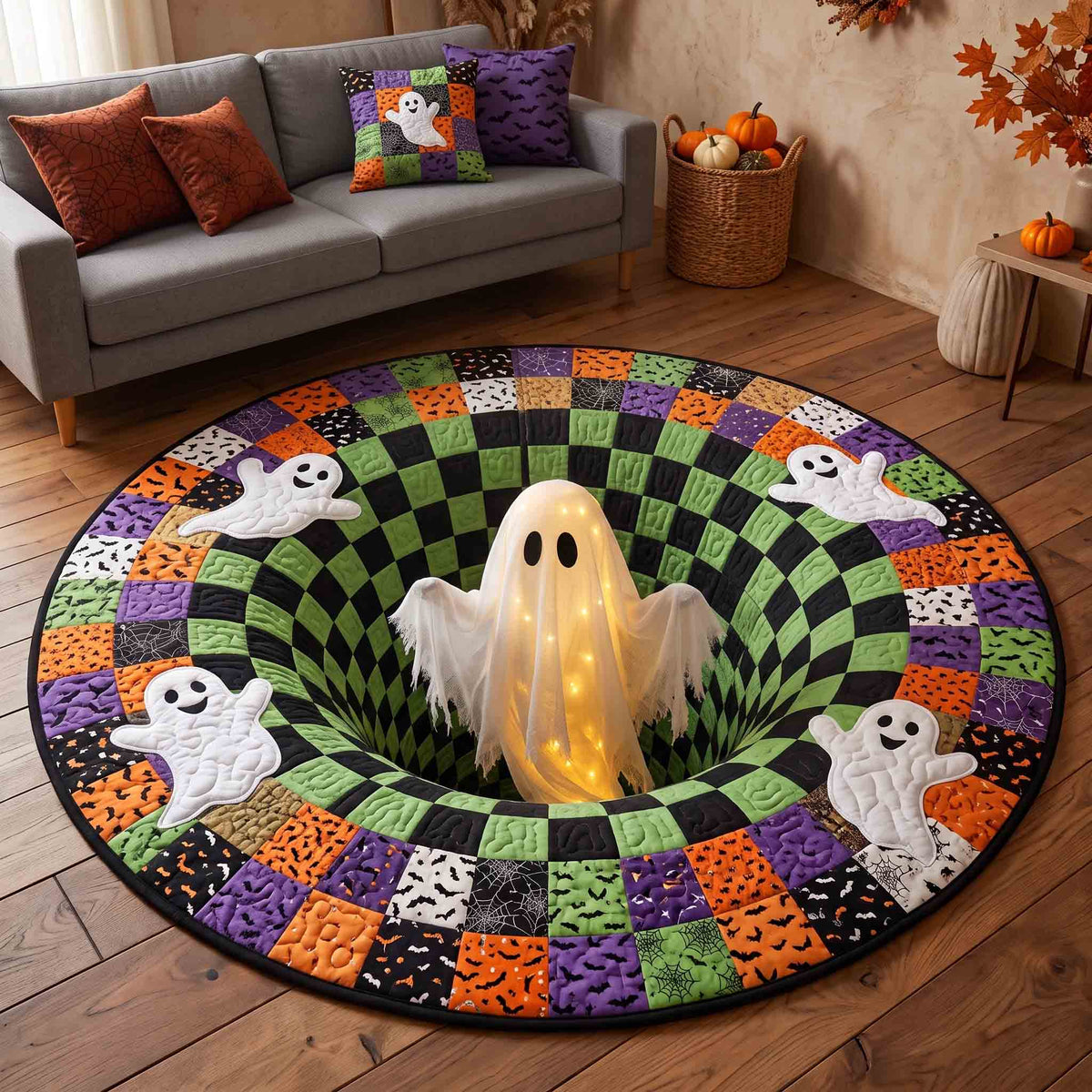 Haunted Ghost Quilted Round Mat Glowing Ghost Halloween Round Rug Gift For Adults