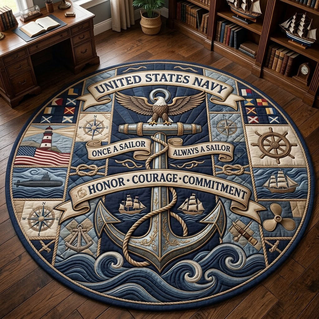 Navy Pride Quilted Round Mat United States Navy Anchor Round Rug Gift For Husband