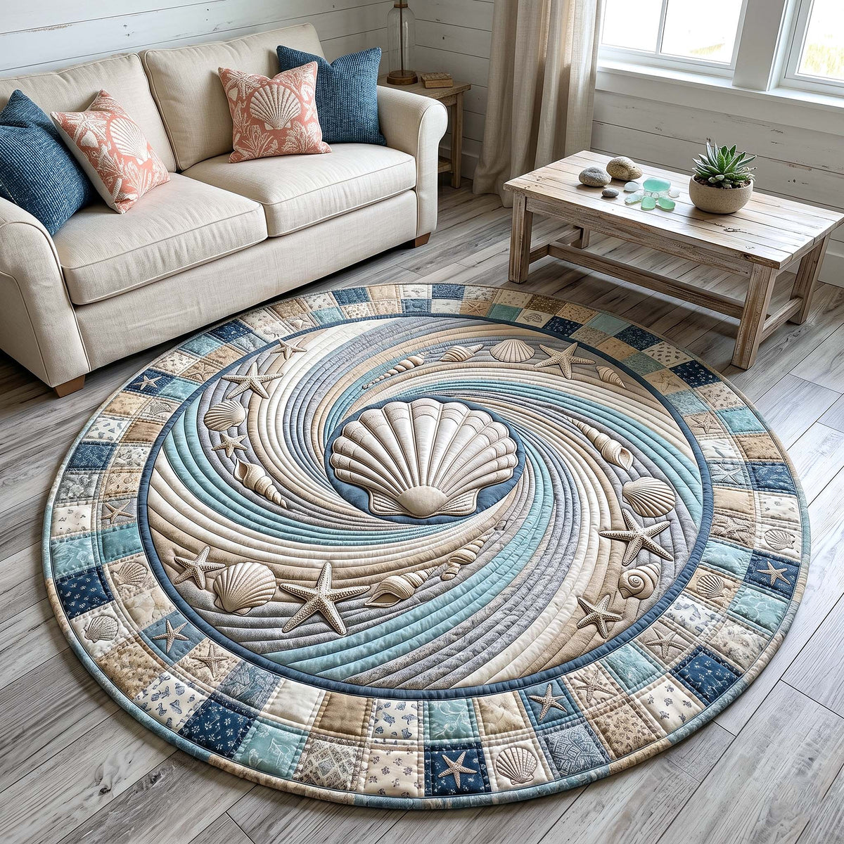 Coastal Whisper Quilted Round Mat Beach House Living Room Decor Mom Gift