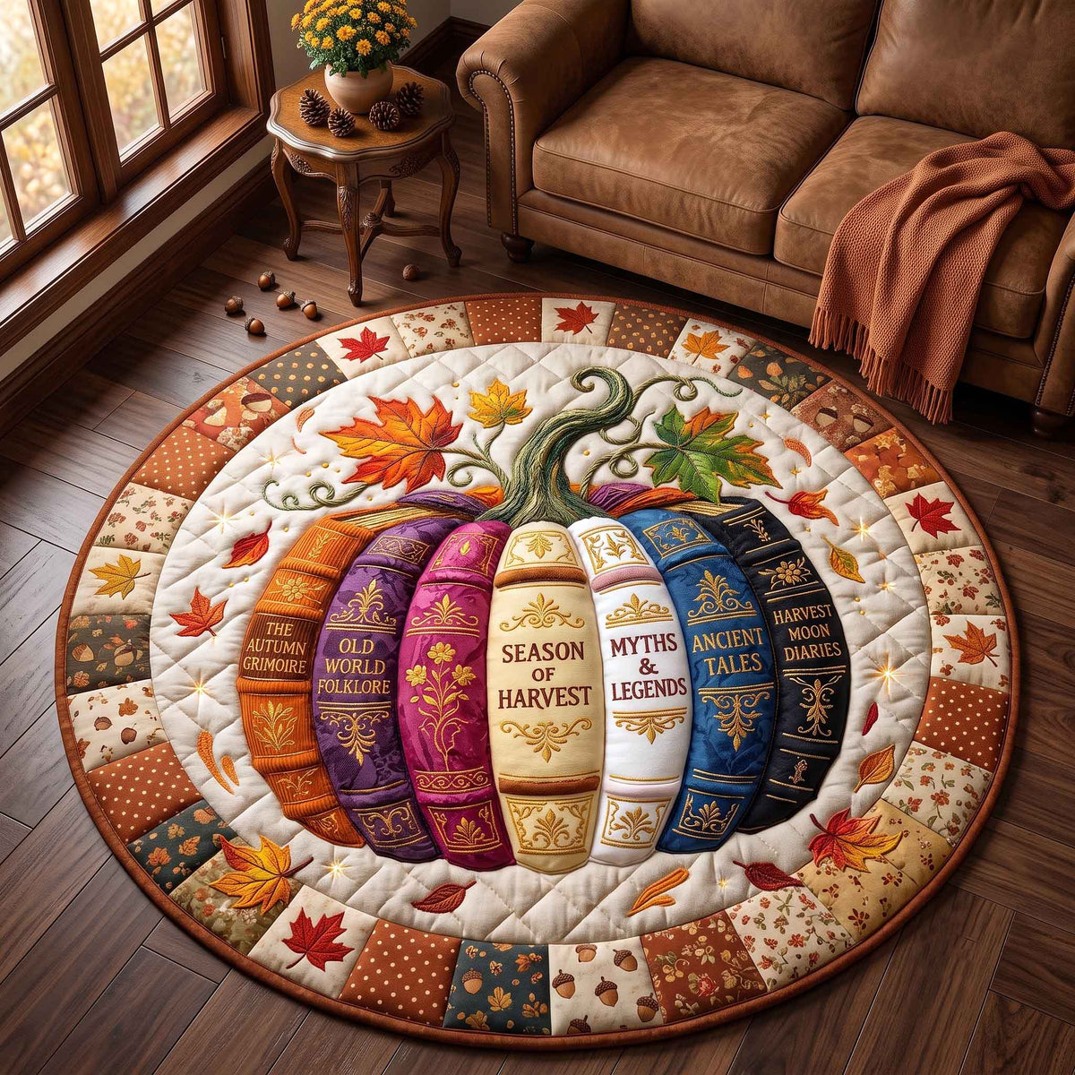 Autumn Chapters Quilted Round Mat Halloween Pumpkin Round Rug Halloween Gifts For Adults
