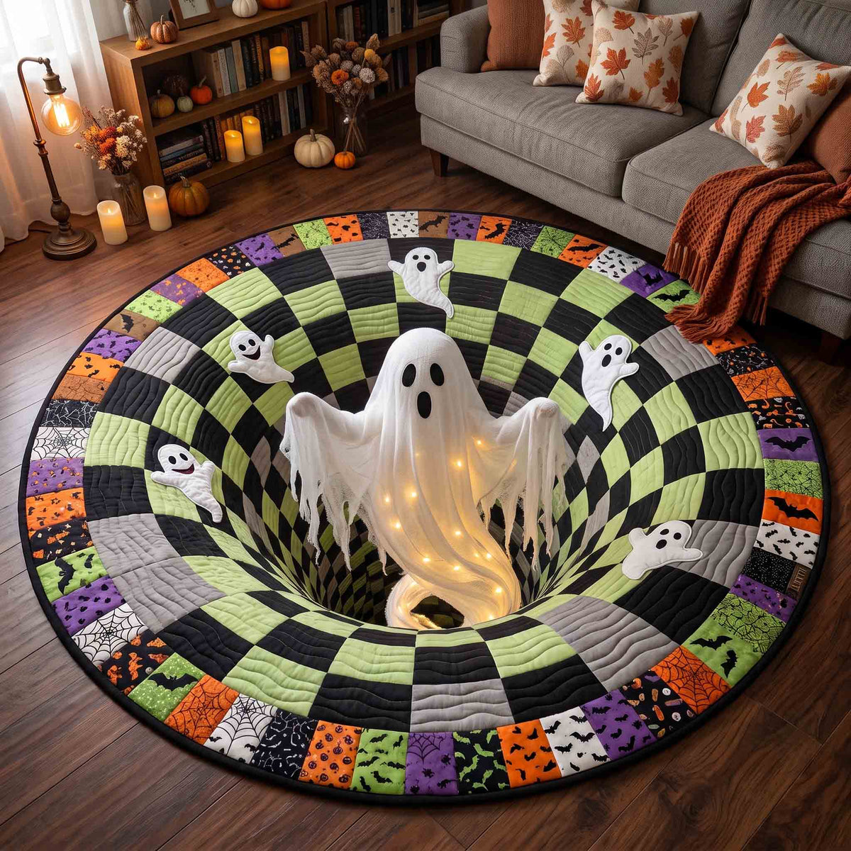 Haunted Ghost Quilted Round Mat Glowing Ghost Halloween Round Rug Halloween Themed Gifts
