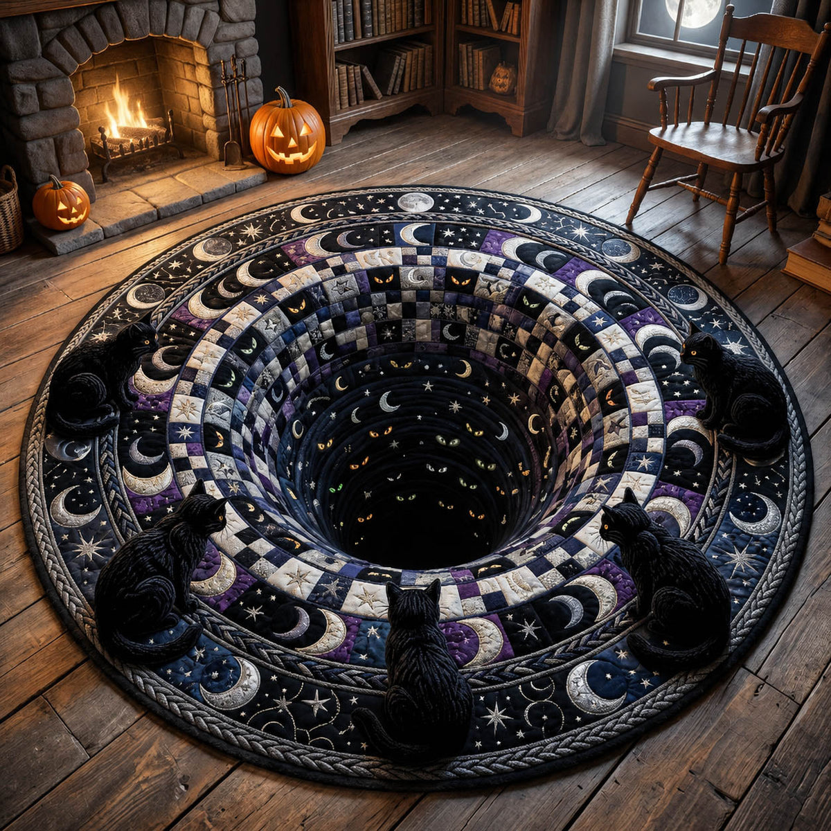 Magical Black Cat Hole Quilted Round Mat Spooky Cute Kitten Doormat Gift For Him