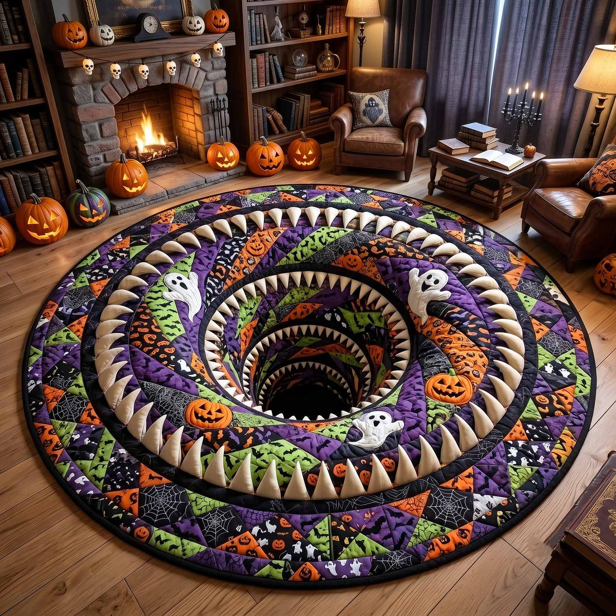 Wicked Hollow Quilted Round Mat Spooky Pumpkin Patchwork Floor Mat Gift For Friend