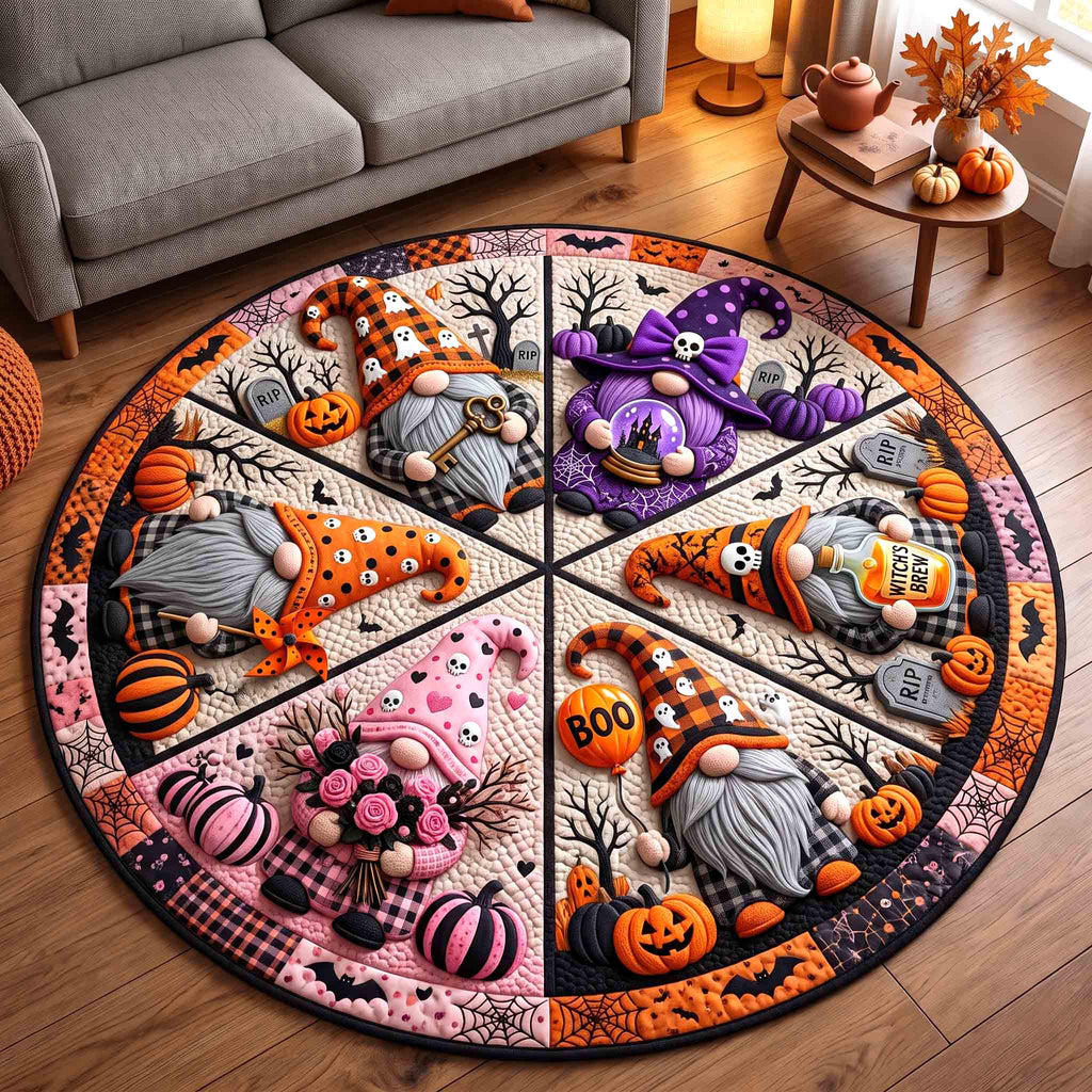 Gnome Halloween Magic Quilted Round Mat Cute Witch Pumpkin Floor Mat Gift For Her