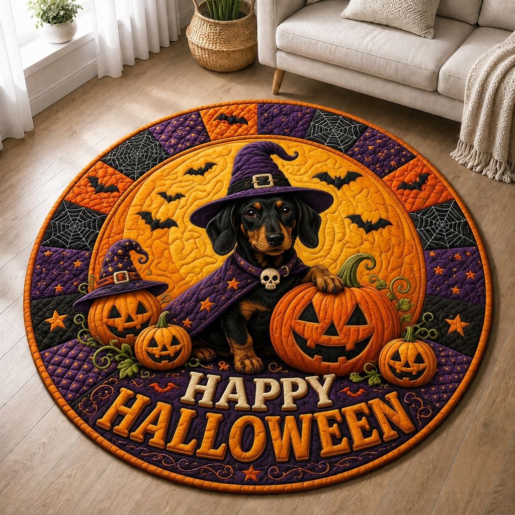 Haunted Dachshund Quilted Round Mat Halloween Dachshund Round Rug Mom Gift