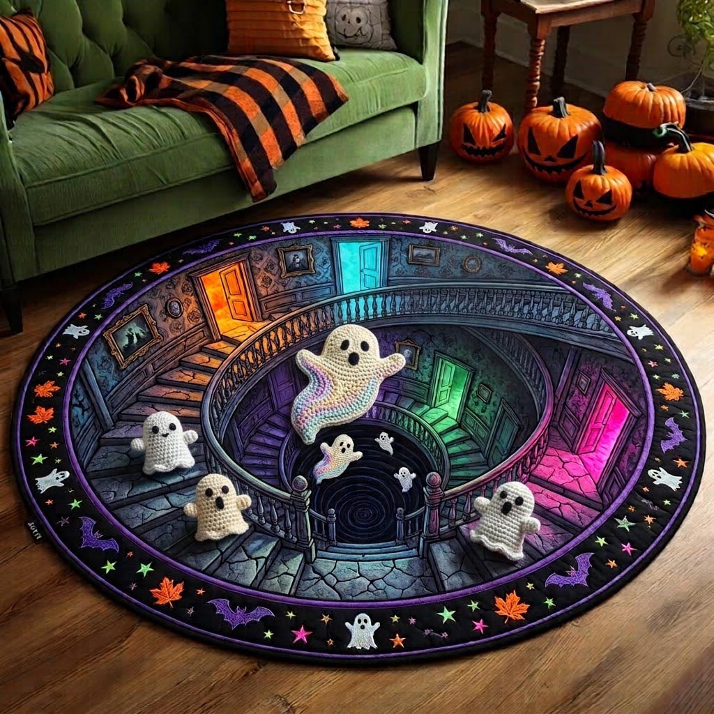 Haunted Ghost Quilted Round Mat Halloween Ghost Round Rug Gift Ideas