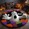 Halloween Ghost Welcome Quilted Round Mat Colorful Patchwork Border Floor Mat Halloween Gift