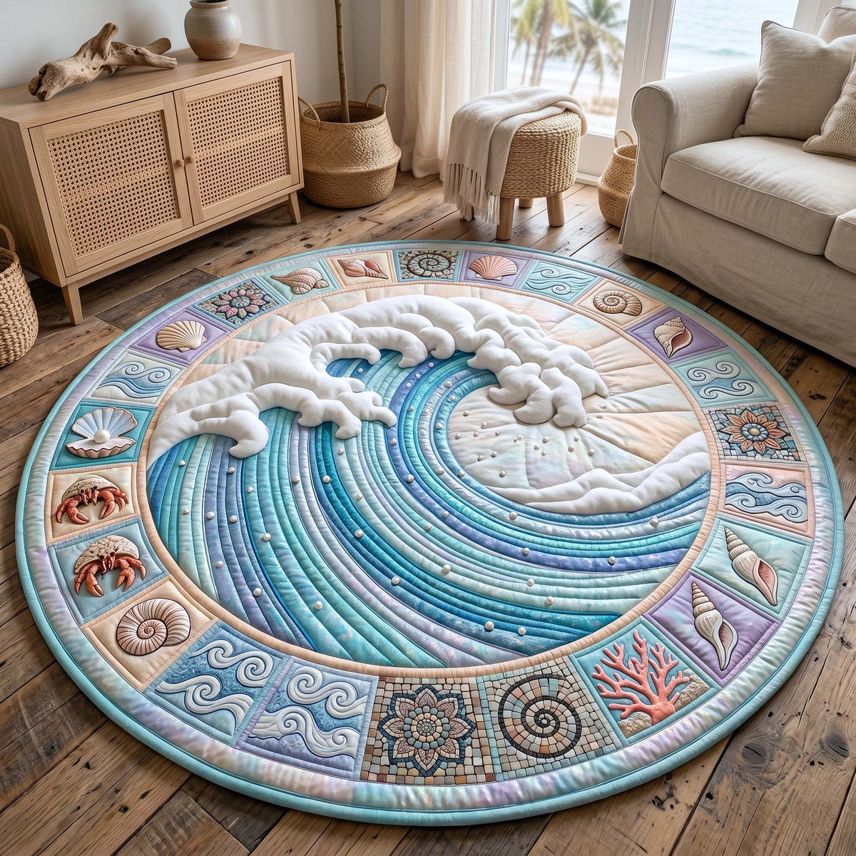 Coastal Whisper Quilted Round Mat  Coral Reef Sea Wave Floor Mat New Home Gift