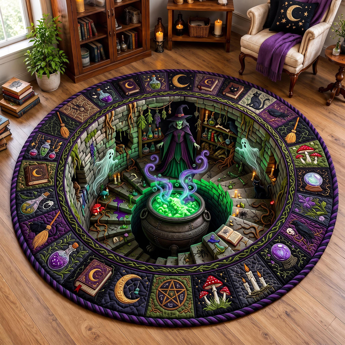 Haunted Stairway Quilted Round Mat Spooky Wizard School Floor Mat Halloween Inspired Gift