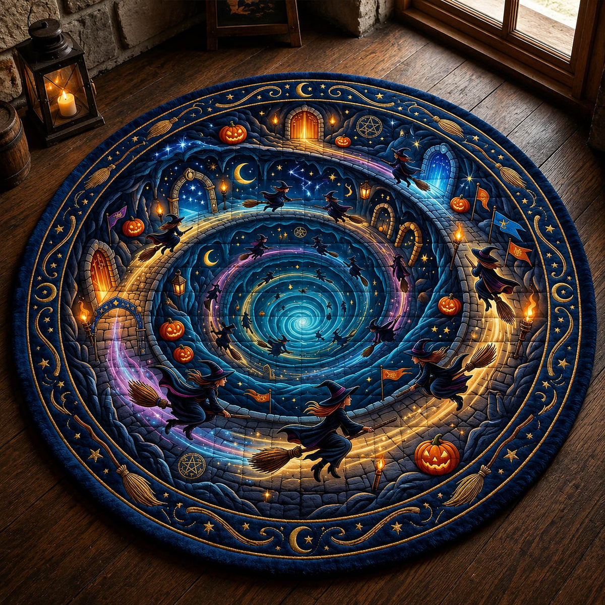 Flying Witches Quilted Round Mat Spooky Haunted House Galaxy Floor Mat  Gift Idea