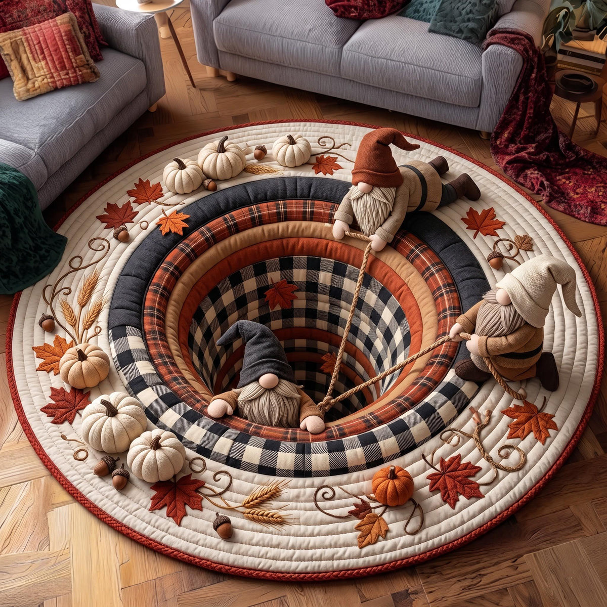 Pumpkin Gnome Quilted Round Mat Autumn Floral Floor Mat Halloween Present Ideas
